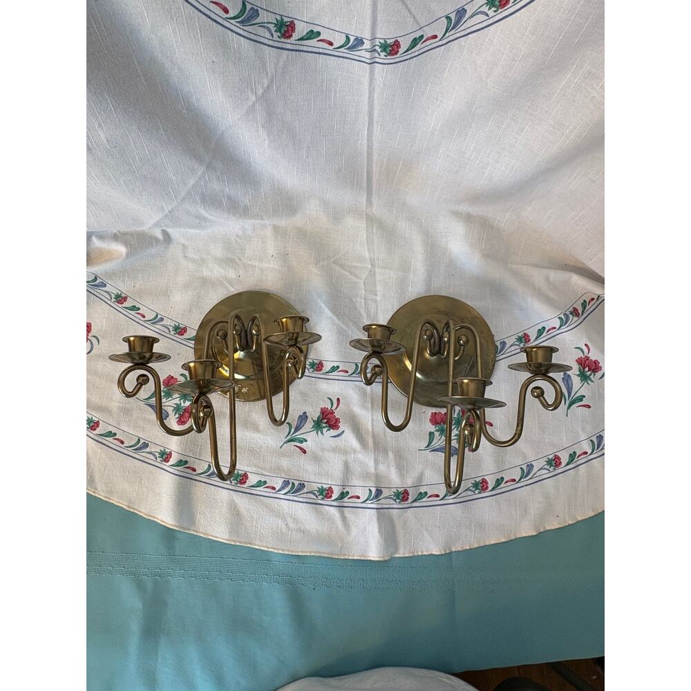 Set of 2 Vtg 1970s Brass 3 Arm Wall Sconce Taper Candle Holders 9 inches VGUC